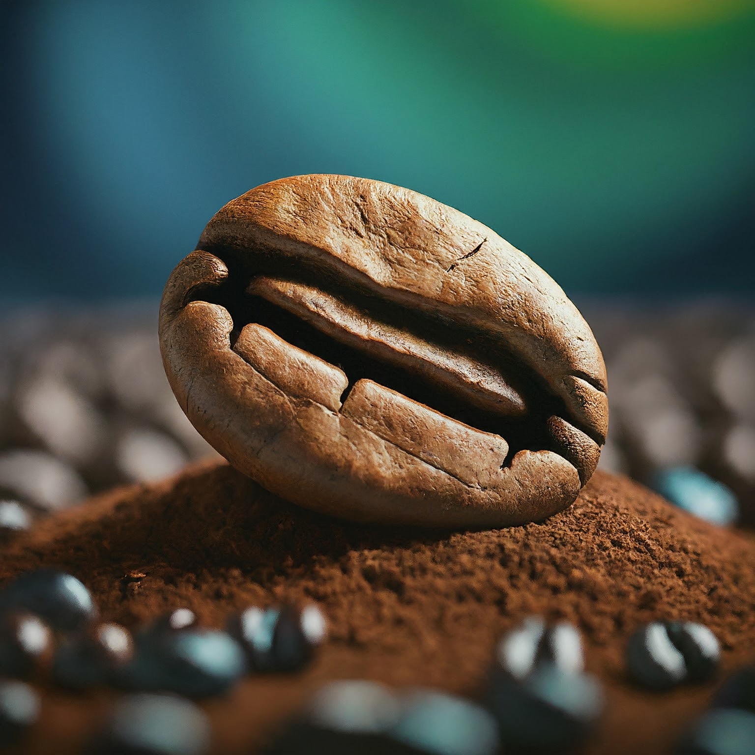 An intricate wooden carving shaped like a coffee bean, placed on ground coffee and surrounded by real, glossy, dark brown coffee beans, symbolizing the art and appreciation of coffee in our culture.