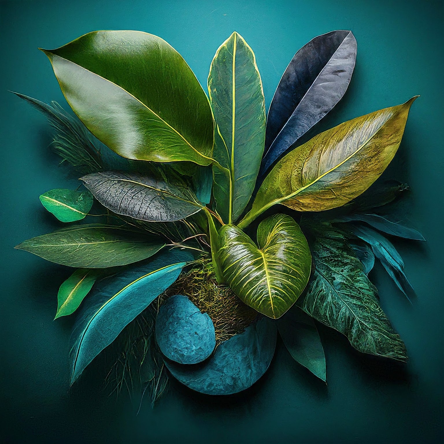 An image showcasing a vibrant and artistic arrangement of various leaves and a stone on a teal background, symbolizing the artistic interpretation of environmental factors in ESG investing.