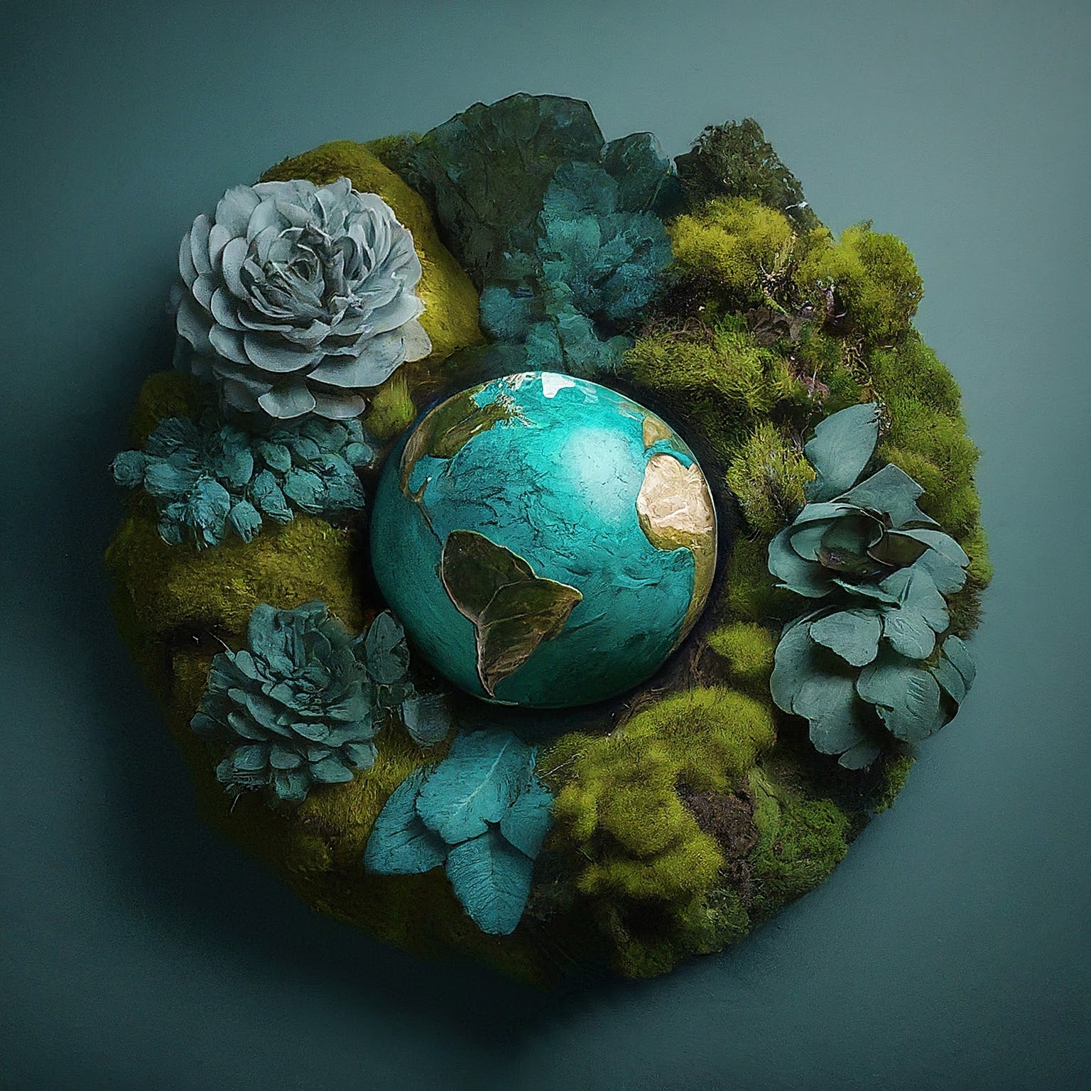 A turquoise globe surrounded by vibrant green moss and succulents, symbolizing the intertwining of nature and ESG investing in the context of understanding climate change, investor preferences, and regulations.