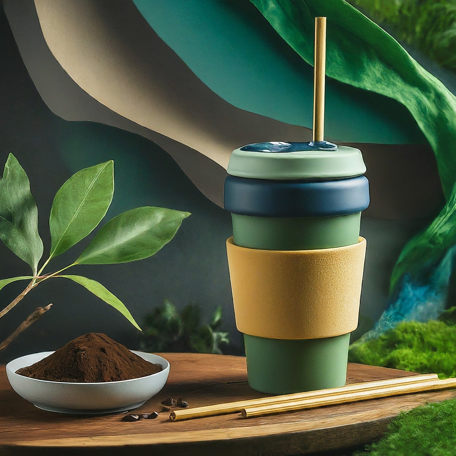 A multi-colored reusable cup with a straw, placed amidst natural elements including coffee beans and cinnamon sticks, signifying the eco-friendly shift in coffee consumption.