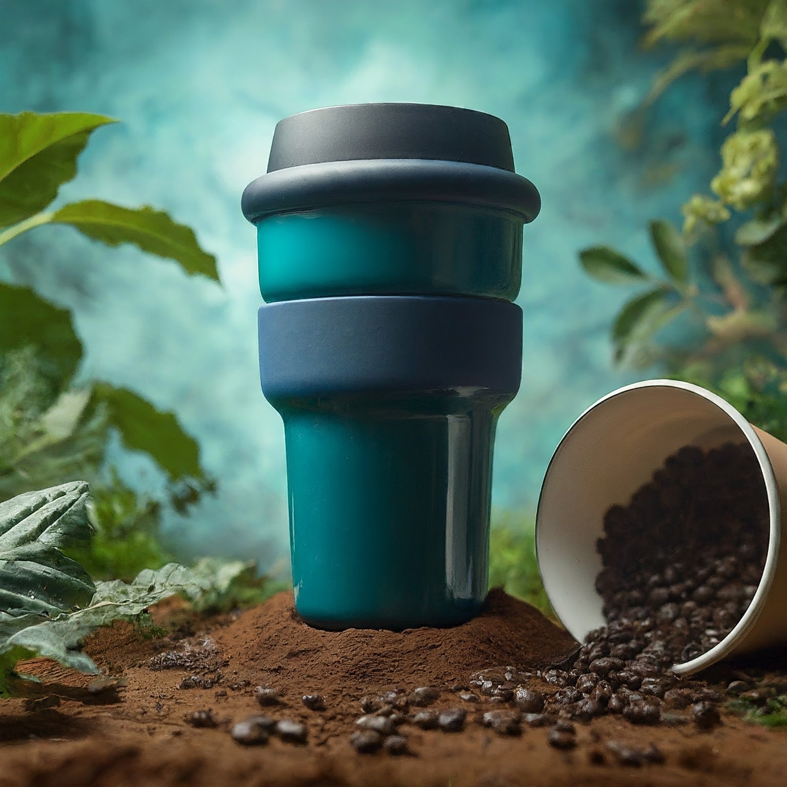 A teal and grey reusable coffee cup on a mound of soil, with coffee beans spilling from a white bowl, symbolizing the connection between coffee consumption and nature.