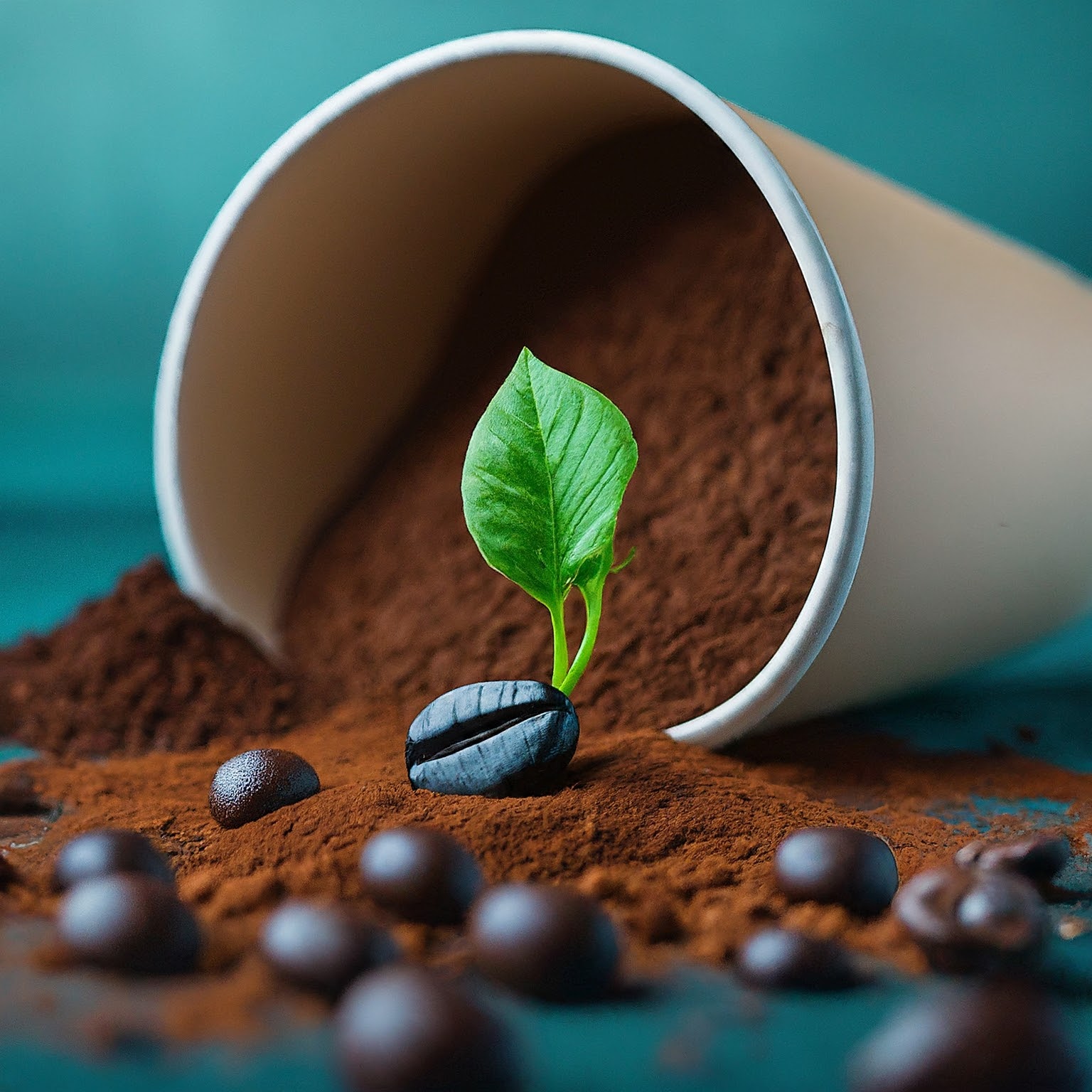 Vibrant green sprout emerging from a dark roasted coffee bean, with a spilled paper cup and ground coffee in the background.