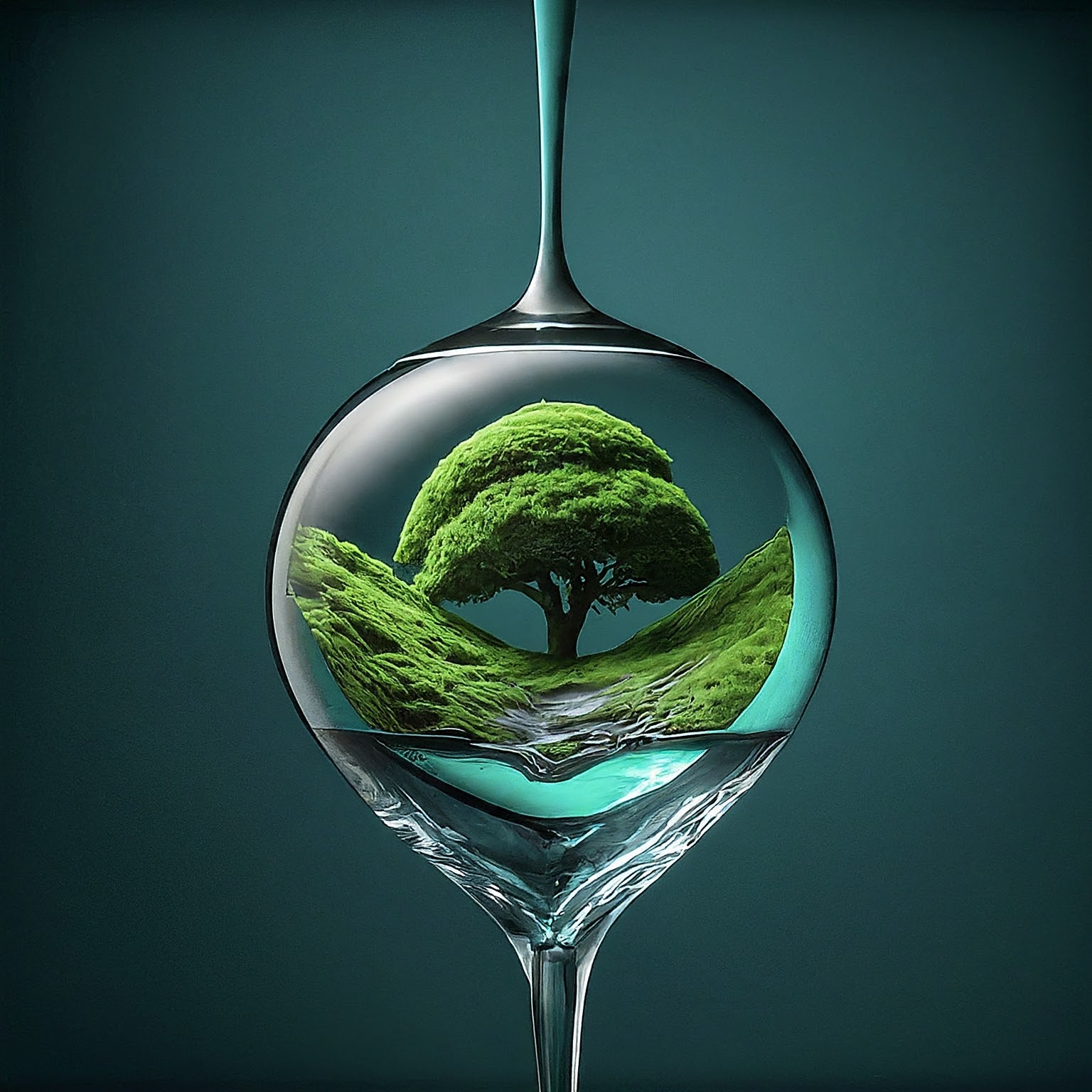 A surreal scene of a lush, green landscape encapsulated within a wine glass, symbolizing harmony and tranquility.