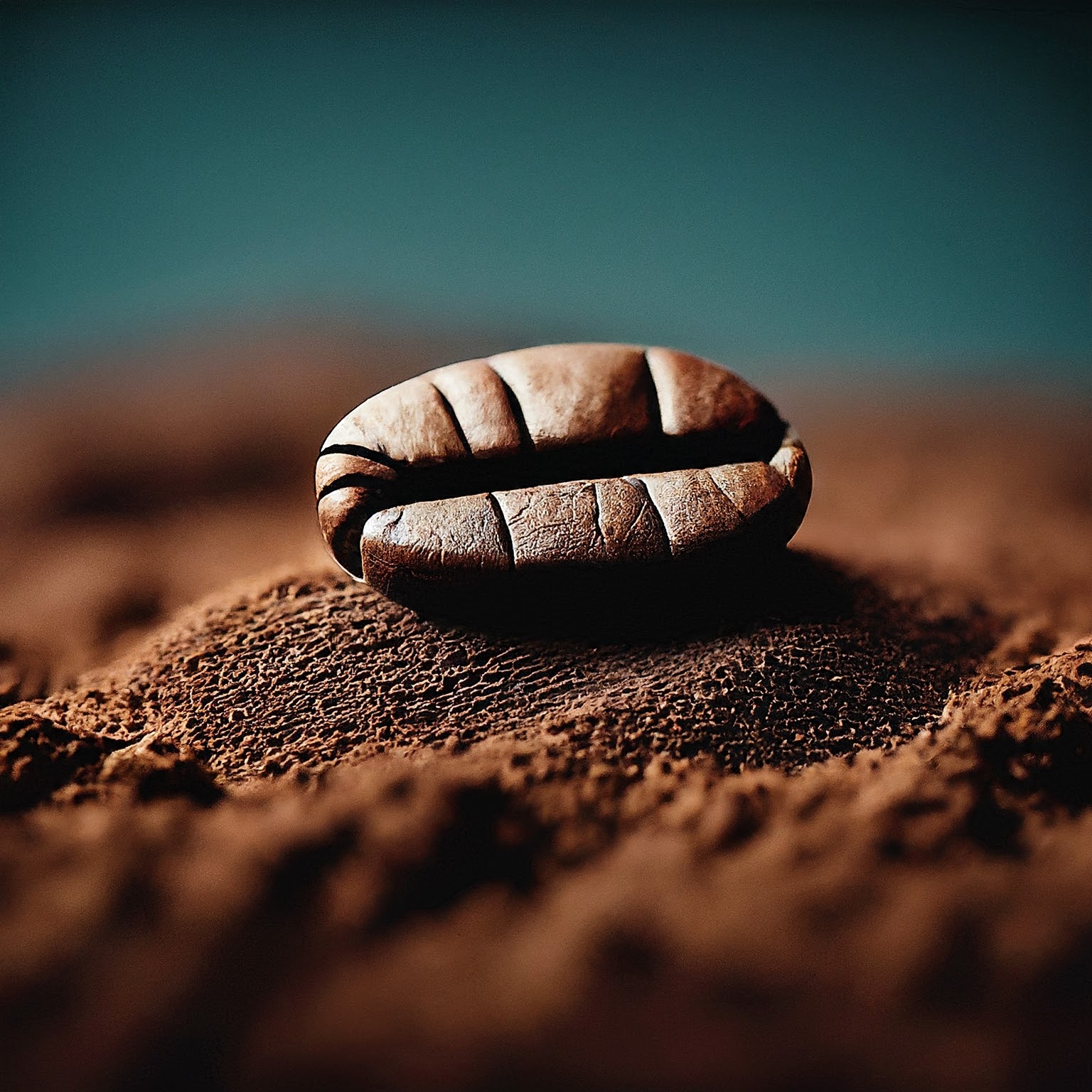 A single, roasted coffee bean rich in detail and texture, resting on a surface that looks like ground coffee, symbolizing the beauty and complexity of coffee in its simplest form.