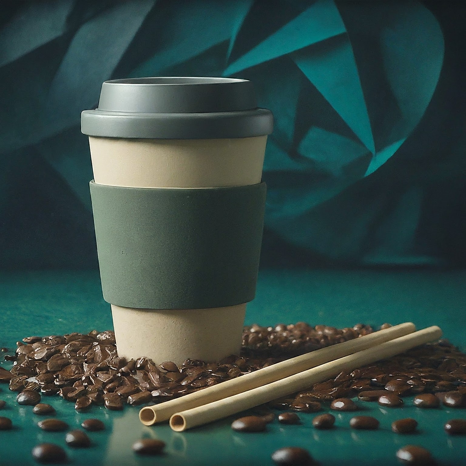 A reusable coffee cup with a grey lid and a green holder, surrounded by scattered coffee beans and eco-friendly straws, symbolizing the shift towards sustainable coffee consumption practices.