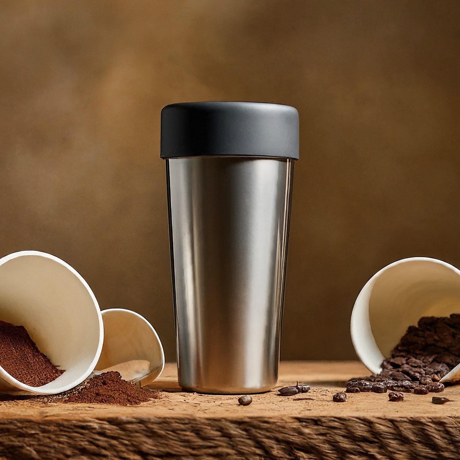 A stainless steel reusable coffee cup amidst discarded single-use cups and coffee grounds, symbolizing the sustainable shift in coffee consumption practices.